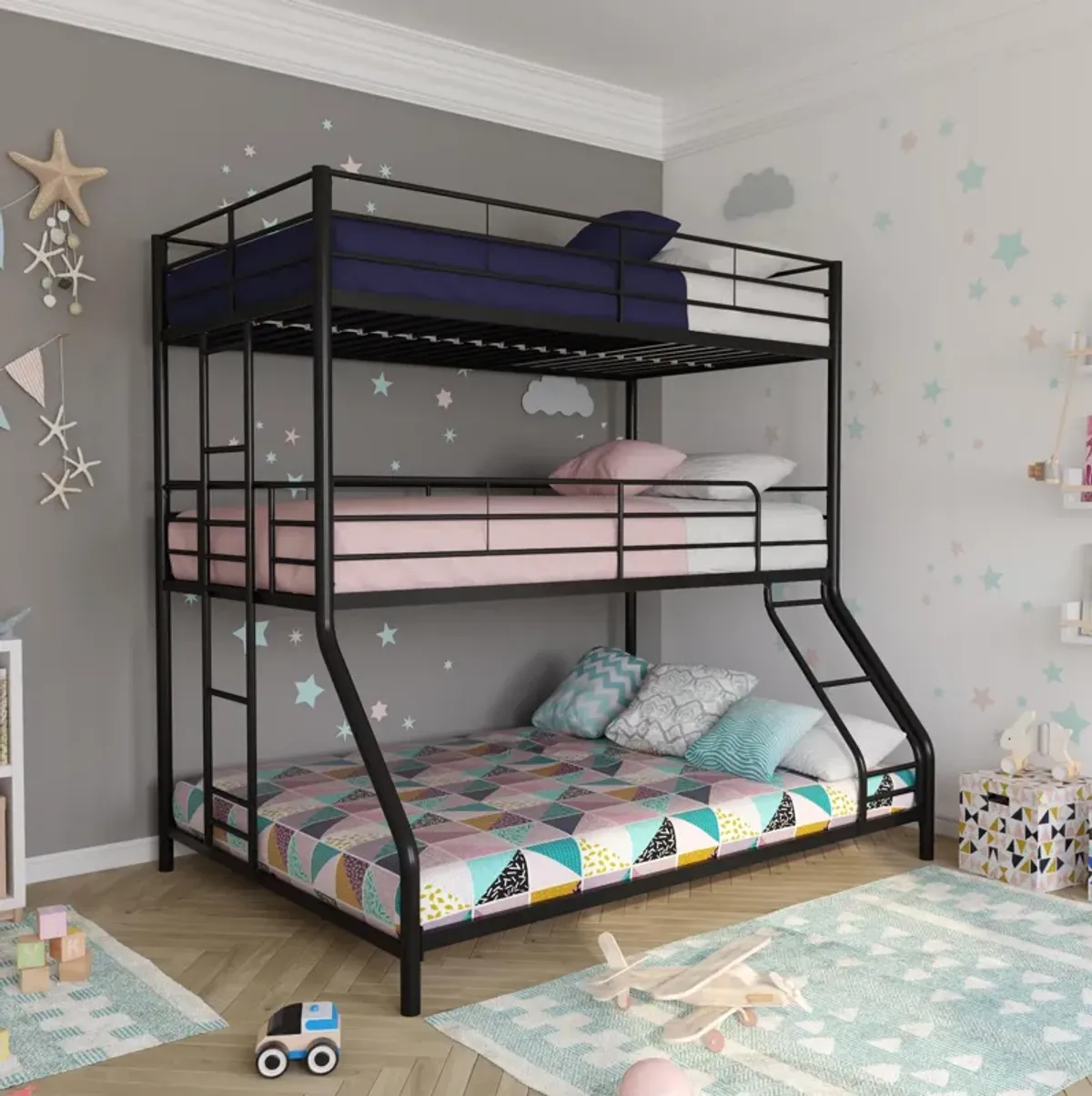 Everleigh Metal Triple Bunk Bed with Metal Slats and 2 Integrated Ladders