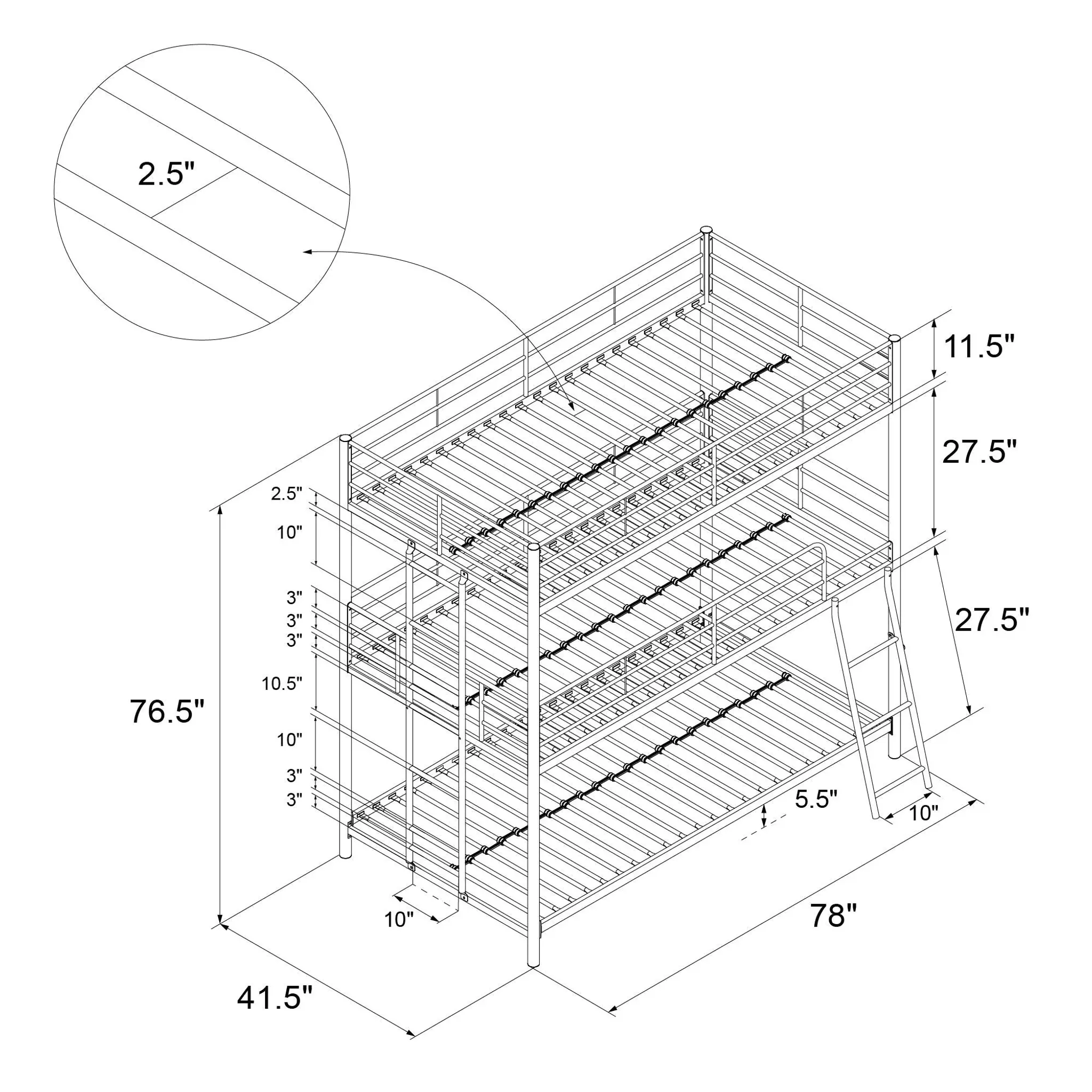 Everleigh Metal Triple Bunk Bed with Metal Slats and 2 Integrated ...