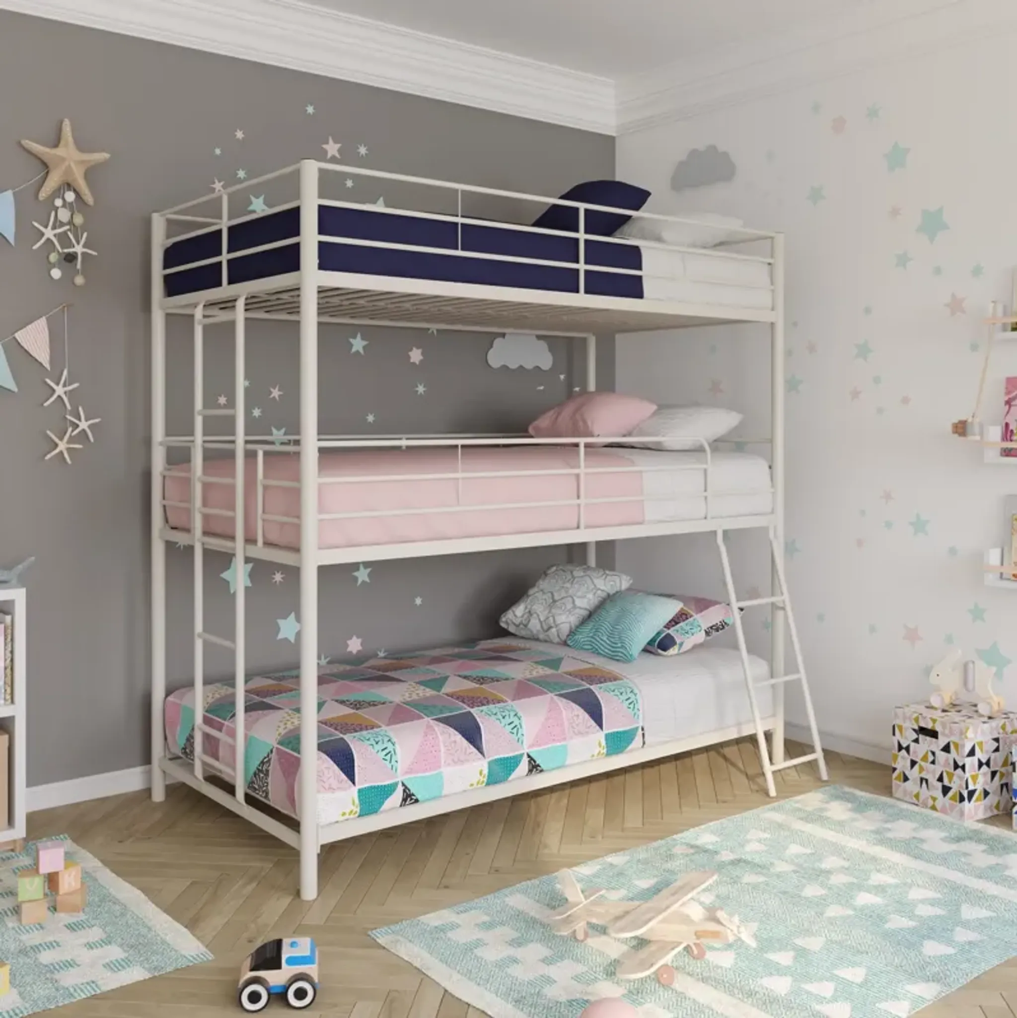 Everleigh Metal Triple Bunk Bed with Metal Slats and 2 Integrated ...