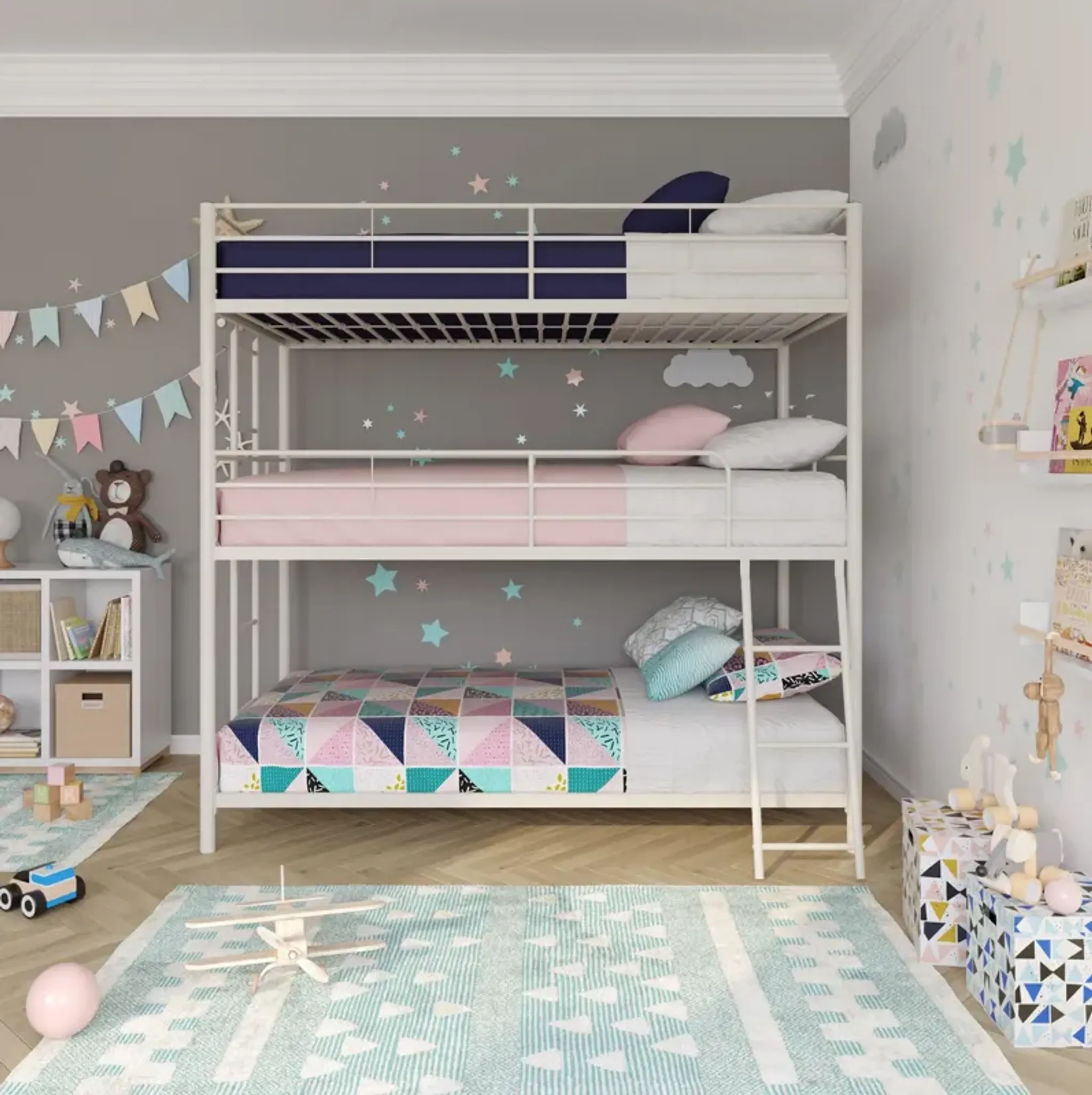 Everleigh Metal Triple Bunk Bed with Metal Slats and 2 Integrated ...