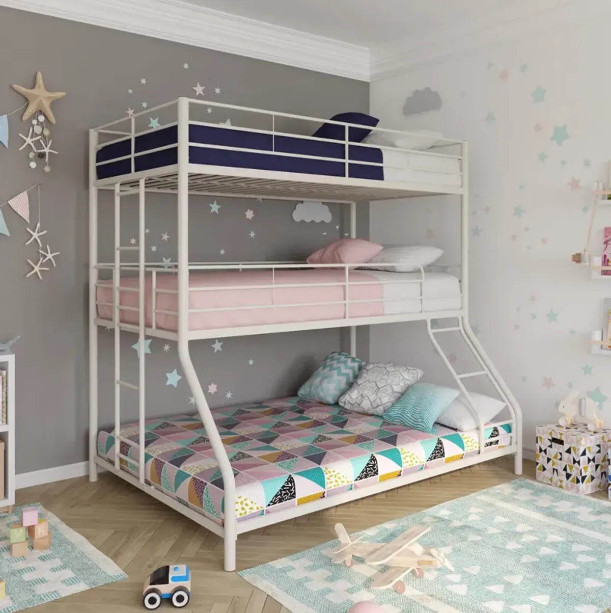 Everleigh Metal Triple Bunk Bed with Metal Slats and 2 Integrated Ladders