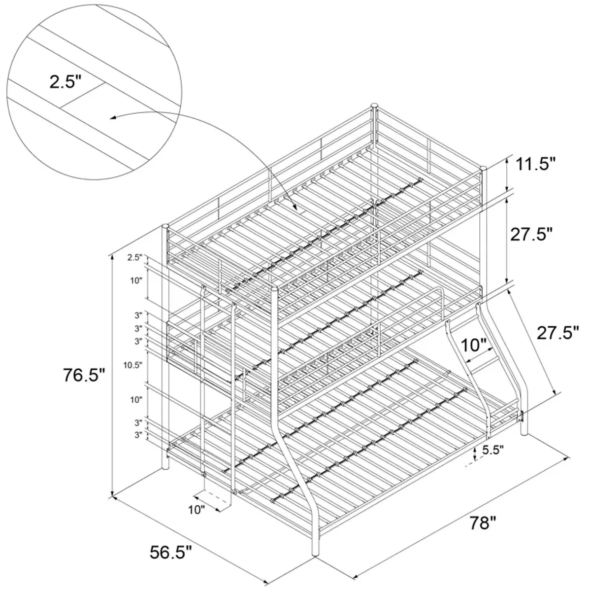 Everleigh Metal Triple Bunk Bed with Metal Slats and 2 Integrated Ladders