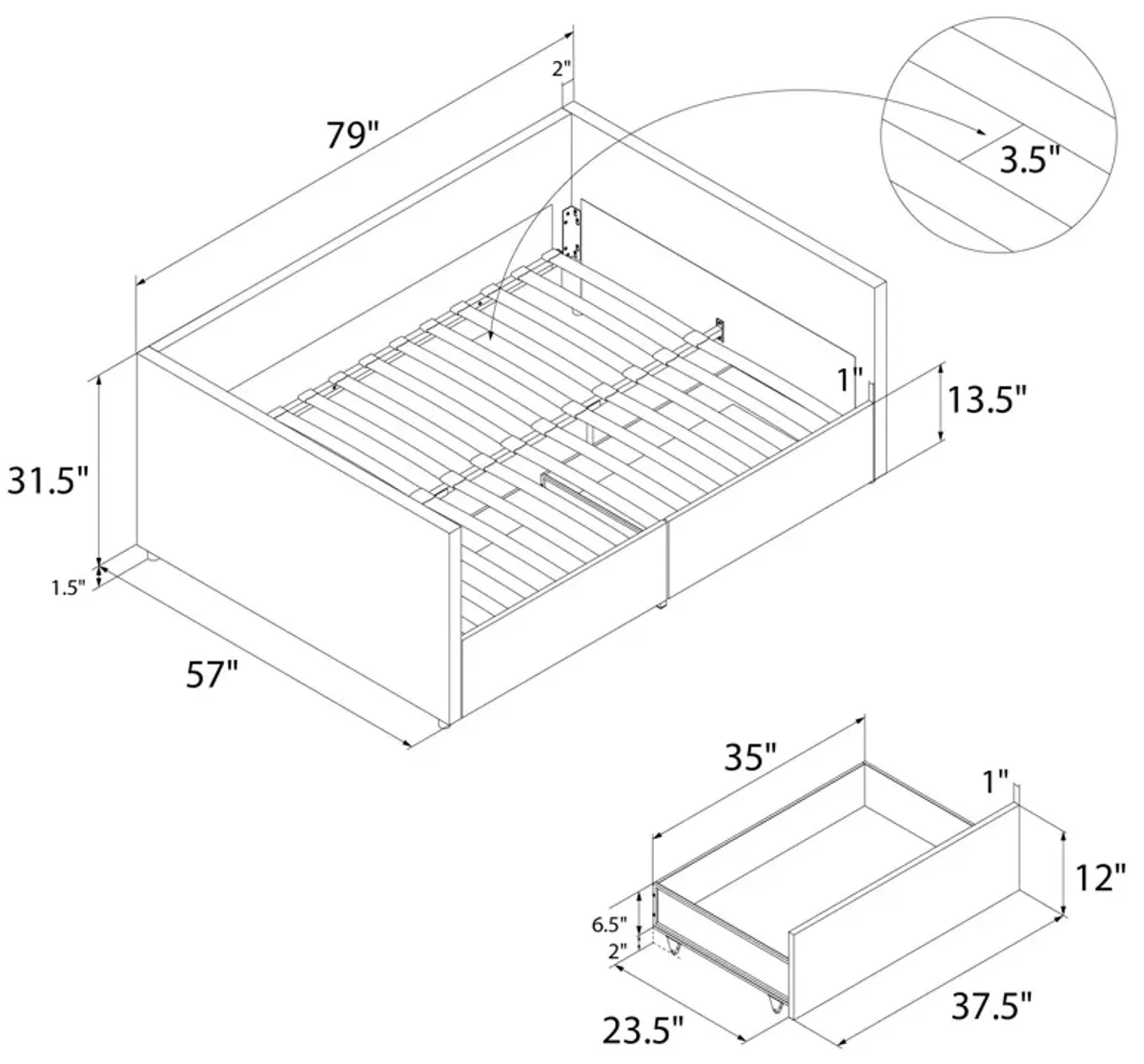 Upholstered Daybed with Wooden Slats and Storage Drawers