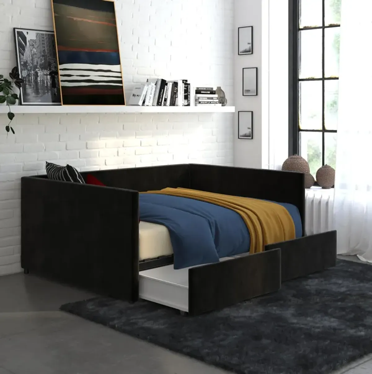 Upholstered Daybed with Wooden Slats and Storage Drawers