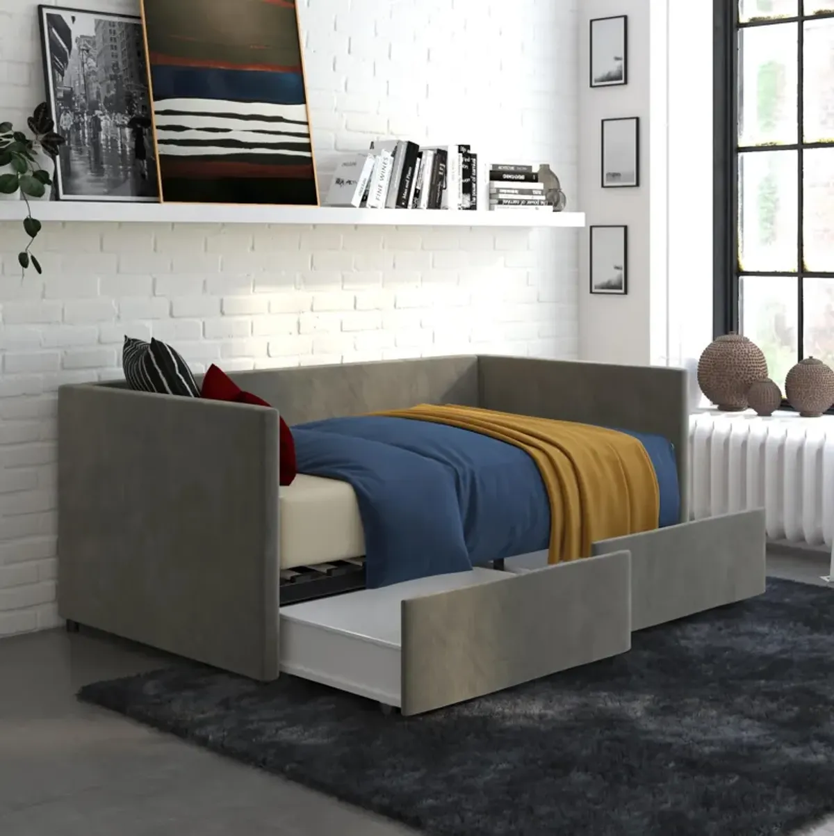 Upholstered Daybed with Wooden Slats and Storage Drawers