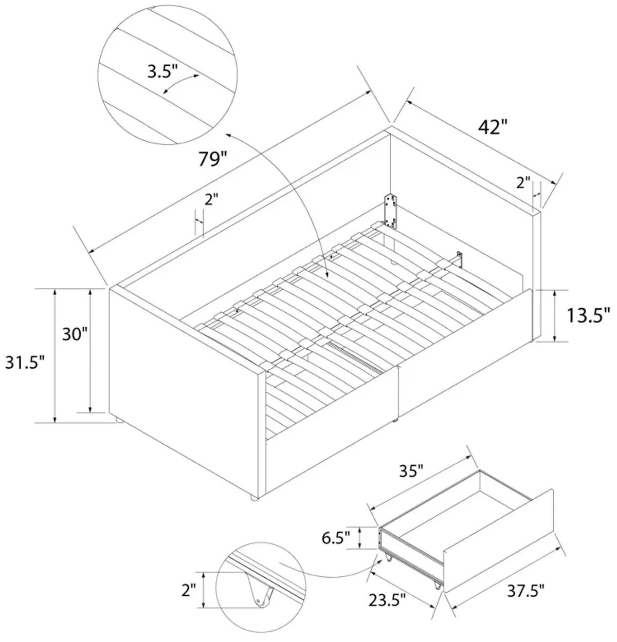 Upholstered Daybed with Wooden Slats and Storage Drawers