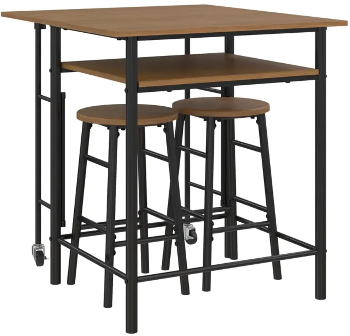 Jace Counter Height Kitchen 3 Piece Pub Set, Wood Finish and Metal Frame, Pub Table and 2 Bar Stools