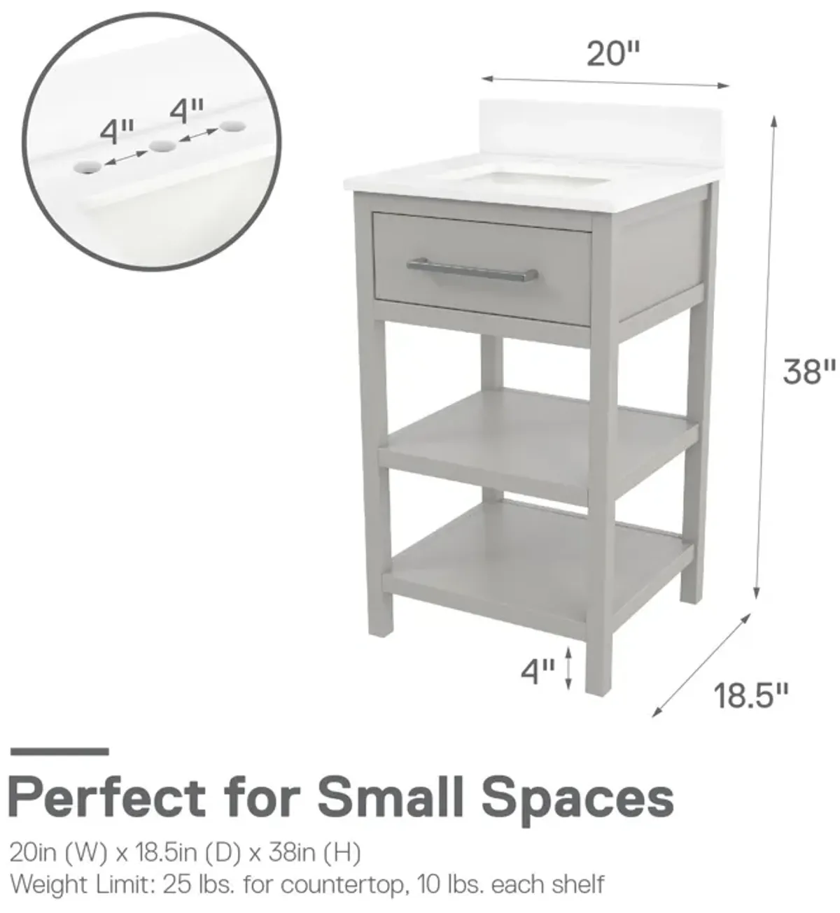 Pisa 20 Inch Bathroom Vanity with Carrera Countertop and 2 Storage Shelves