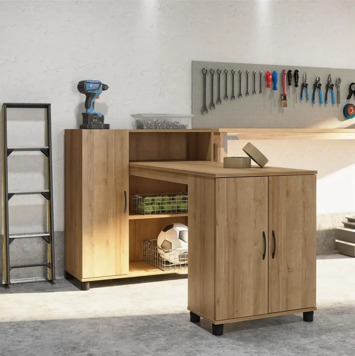 Basin Hobby and Craft Desk with Open Shelving and Storage Cabinet