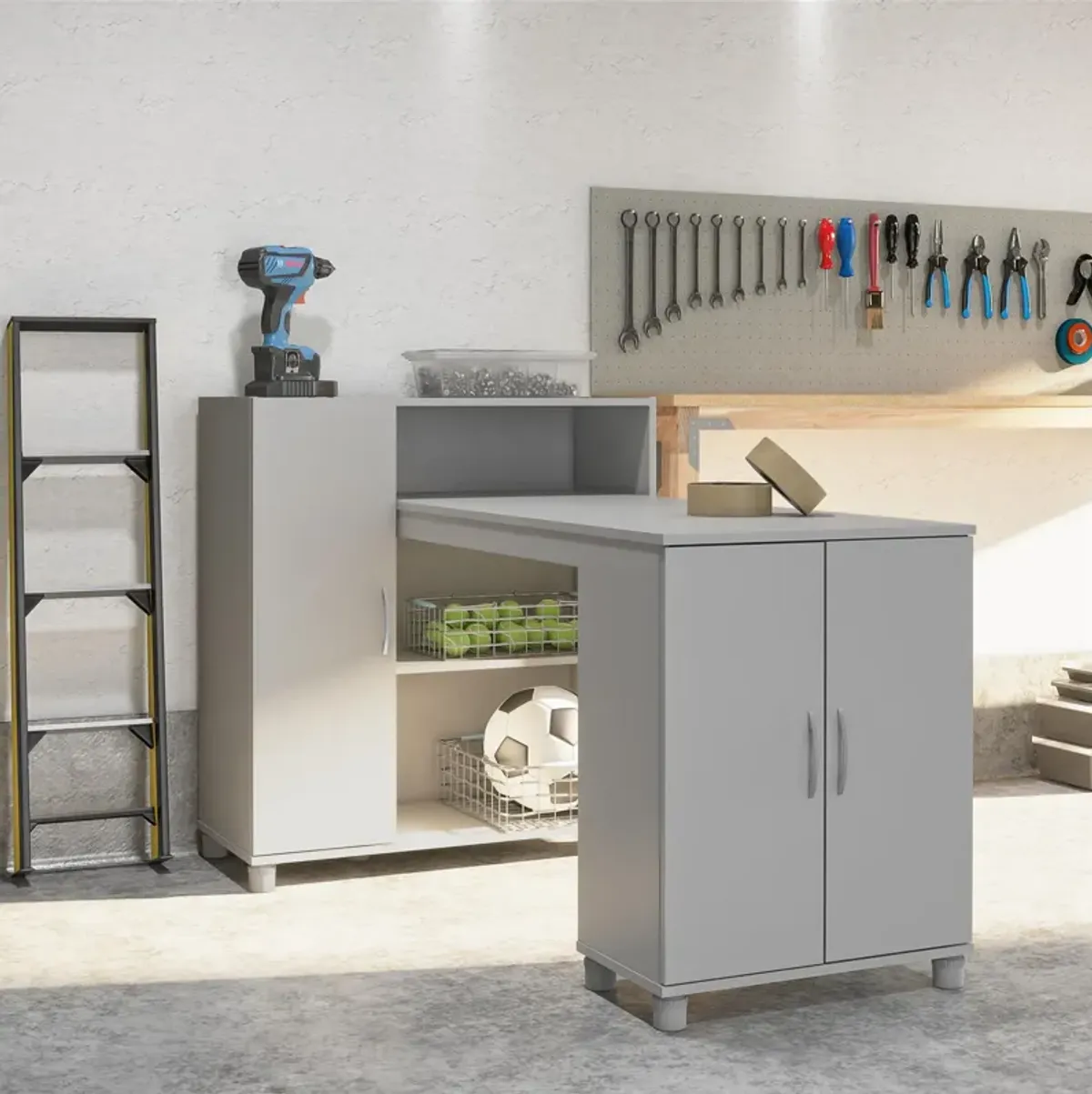 Basin Hobby and Craft Desk with Open Shelving and Storage Cabinet