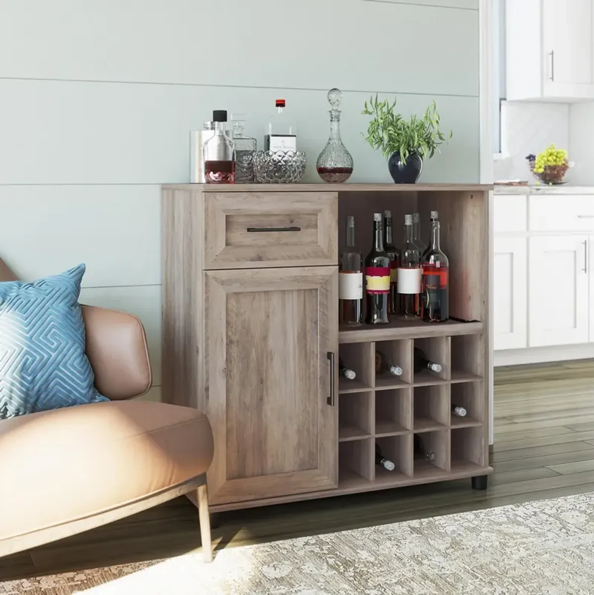 Tindall Modern Farmhouse Bar Cabinet with Pull Out Shelf and 12 Cubbies