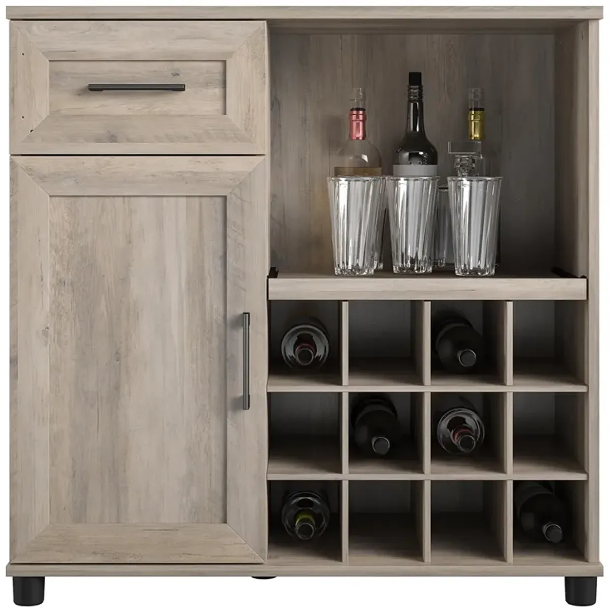 Tindall Modern Farmhouse Bar Cabinet with Pull Out Shelf and 12 Cubbies