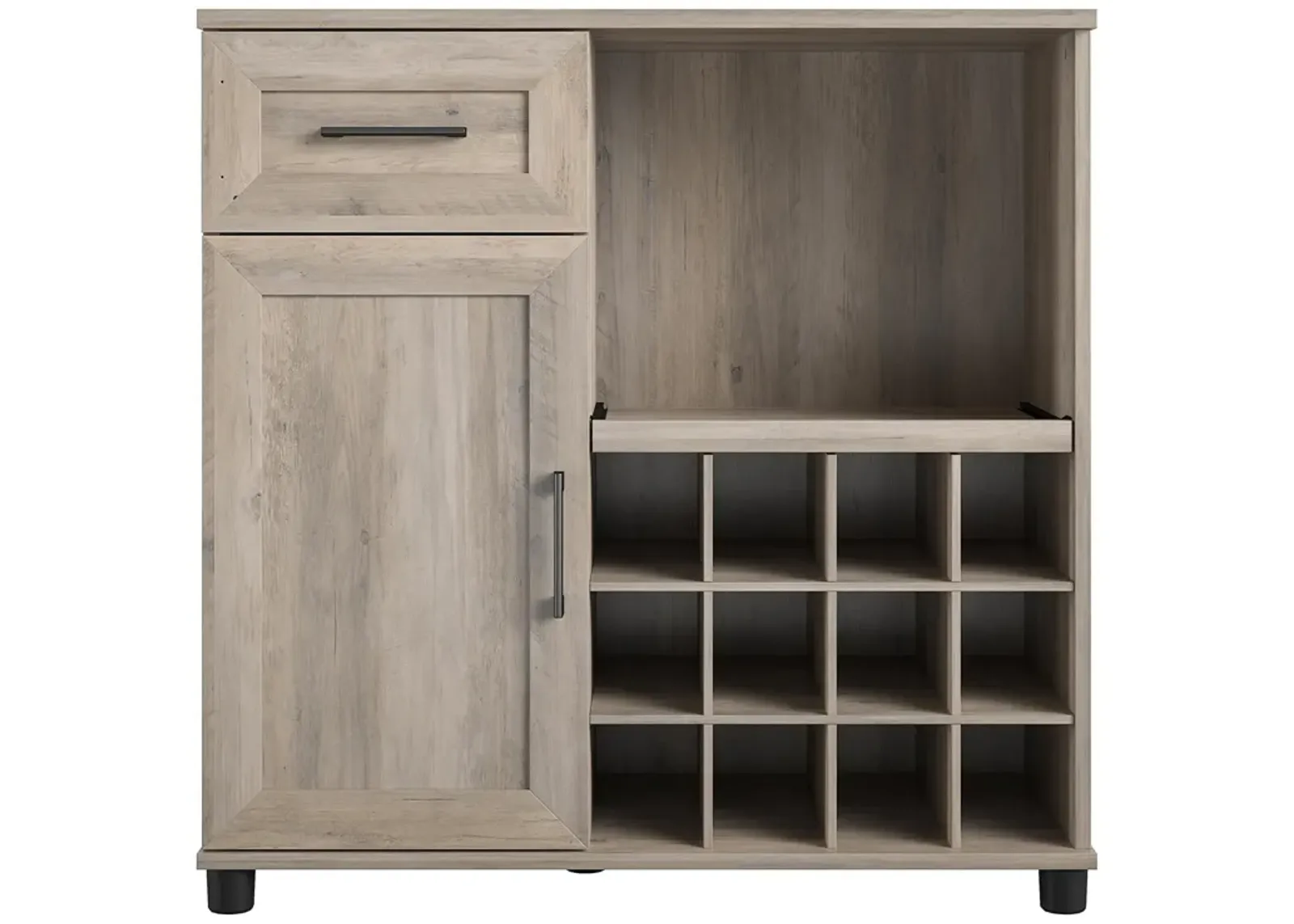 Tindall Modern Farmhouse Bar Cabinet with Pull Out Shelf and 12 Cubbies