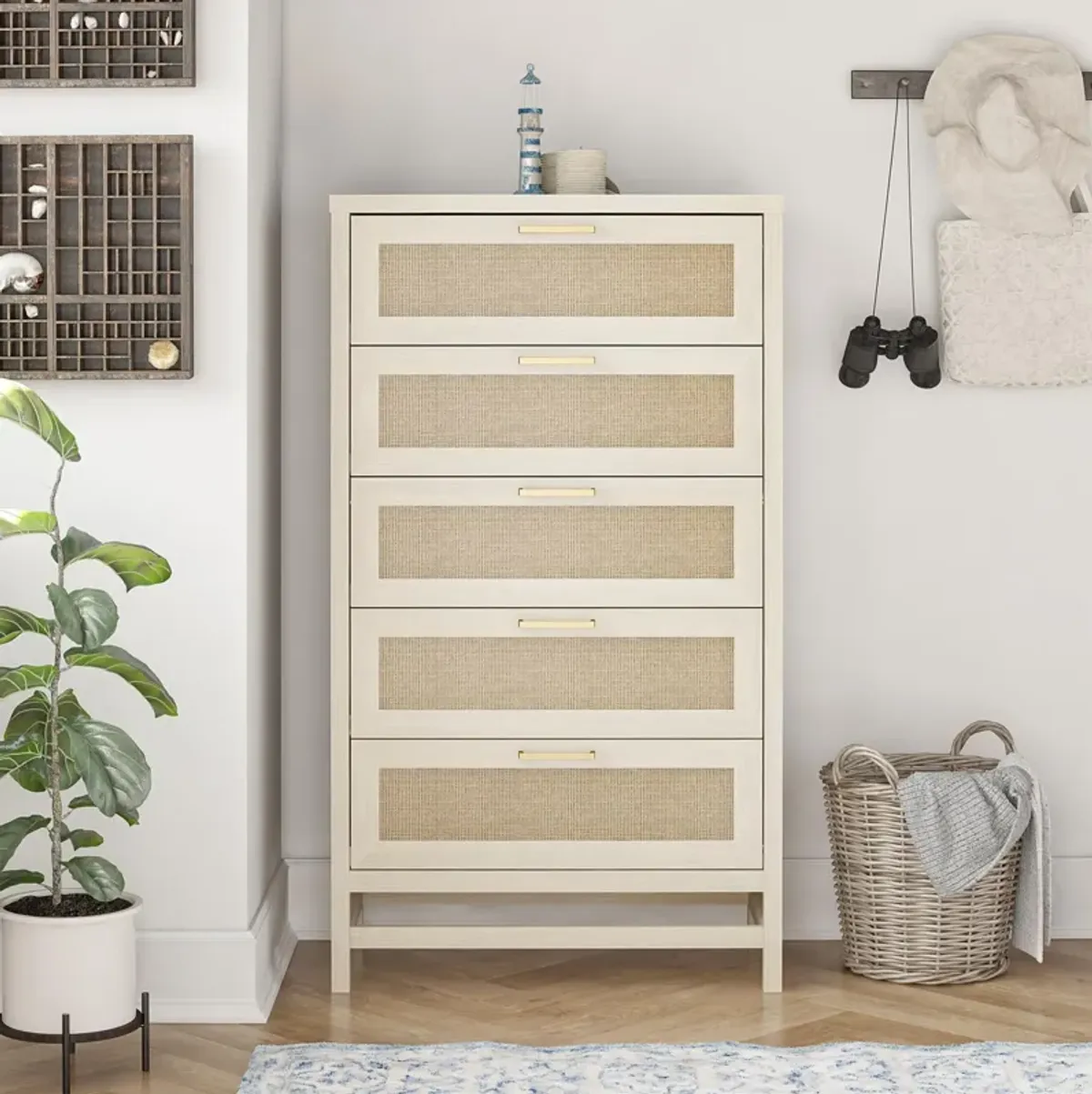 Lennon 5 Drawer Dresser with Faux Rattan and Gold Metal Handles
