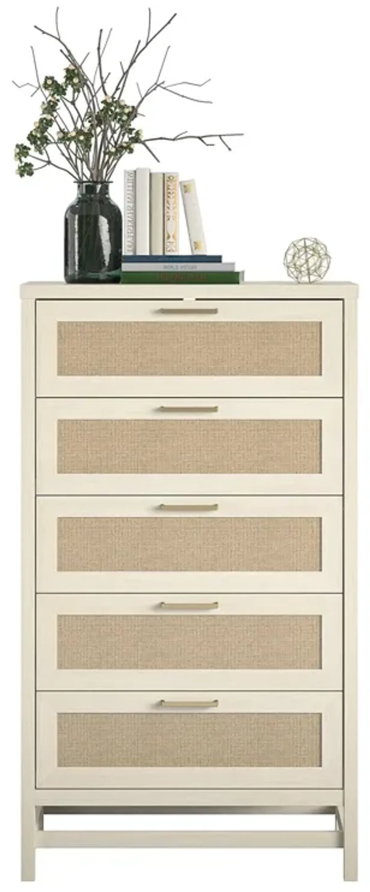 Lennon 5 Drawer Dresser with Faux Rattan and Gold Metal Handles