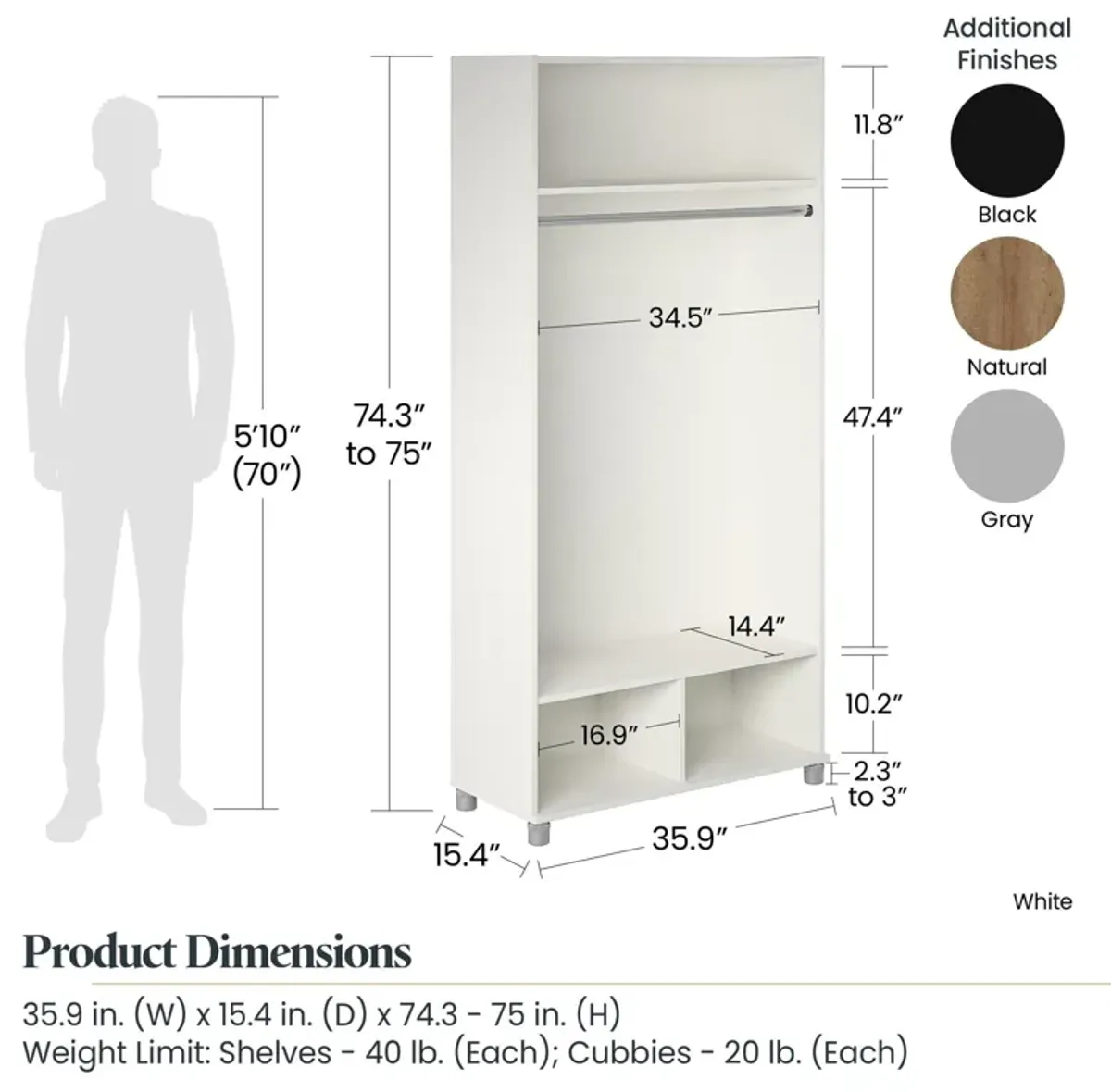 Basin 36" Wide Mudroom Storage Cabinet with Adjustable Shelving