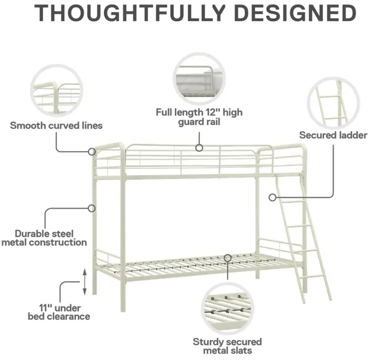 Twin over Twin Metal Bunk Bed with Slanted Front Ladder and Guardrails