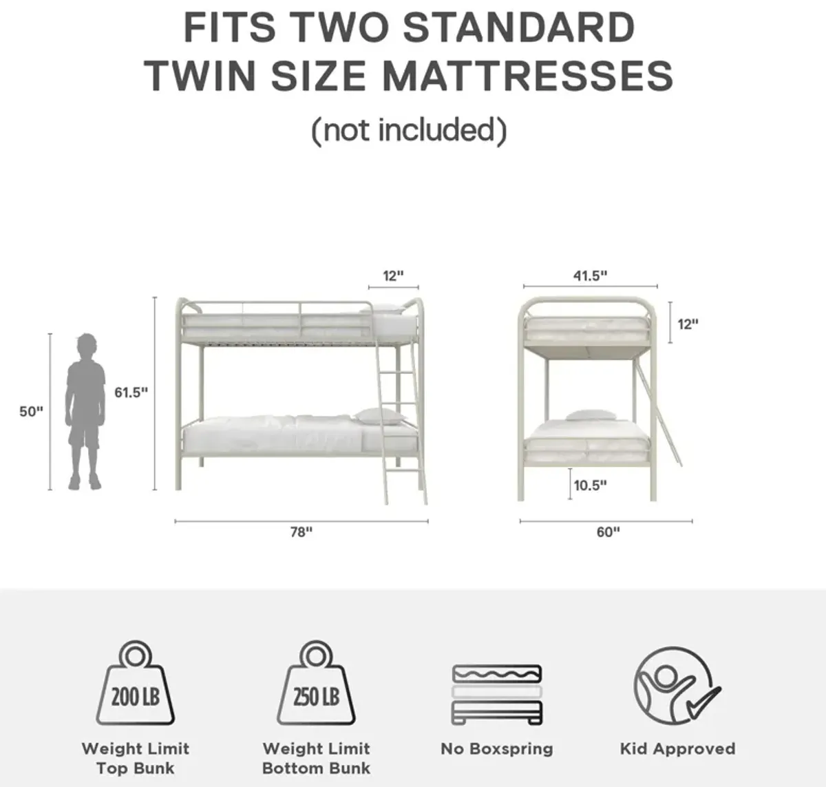 Twin over Twin Metal Bunk Bed with Slanted Front Ladder and Guardrails