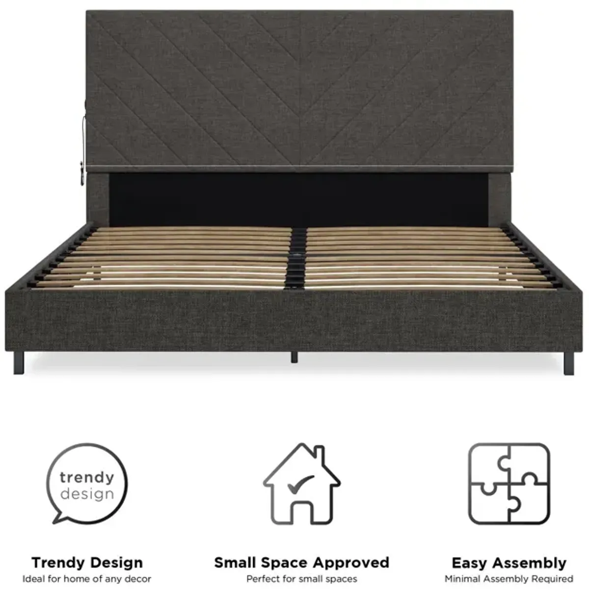 Paxson Upholstered Bed with USB Port and Wood Slats