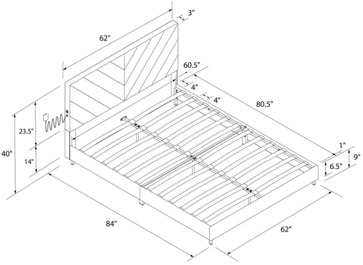 Paxson Upholstered Bed with USB Port and Wood Slats