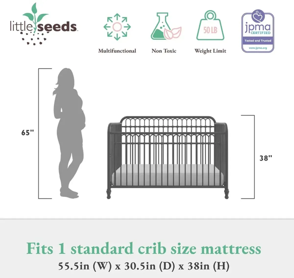 Little Seeds Raven 3-in-1 Metal Crib with Rounded Edges