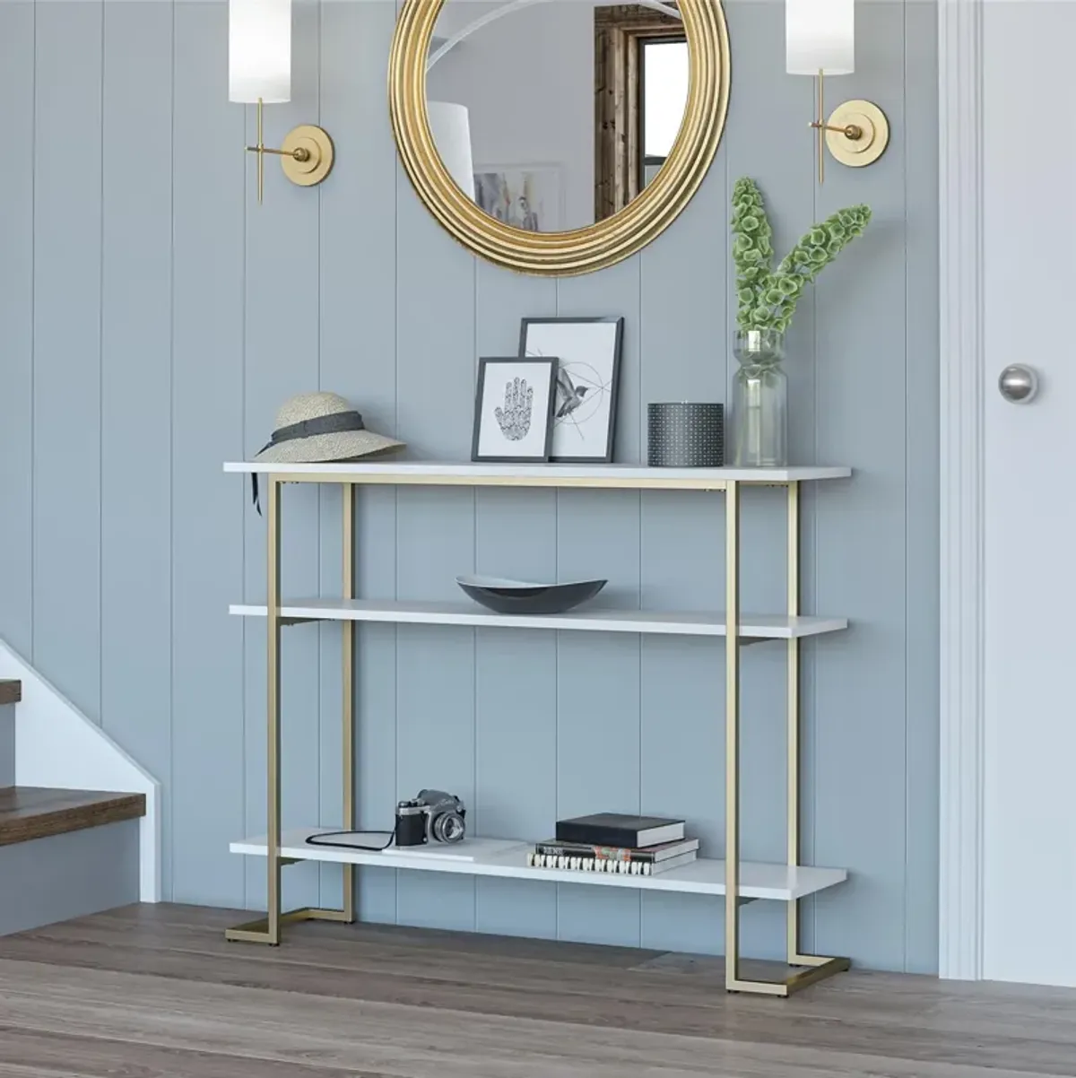 Olten Console Sofa Table with 3 Open Shelves and Metal Frame