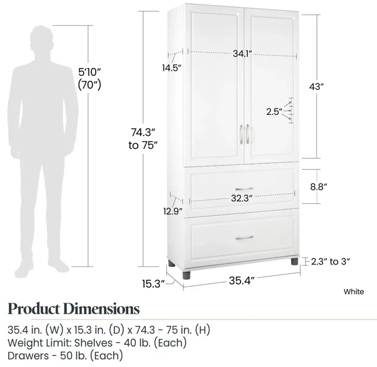 Kendall 36" Multipurpose Storage Cabinet with 5 Shelves