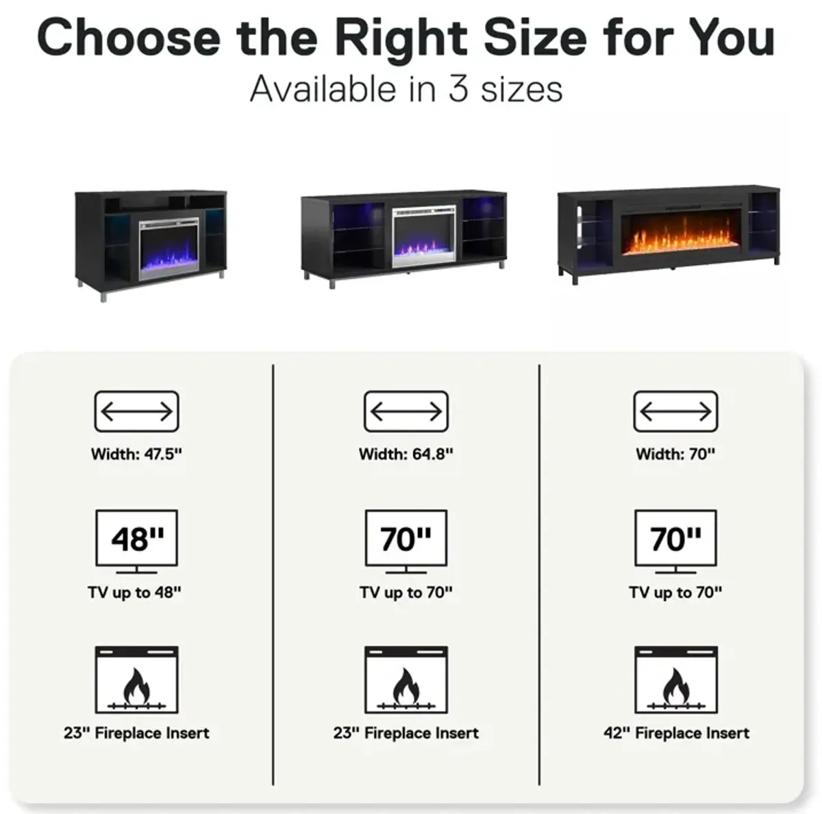 Lumina Fireplace TV Stand for TVs up to 70 Inch with 7 Color LED Lights