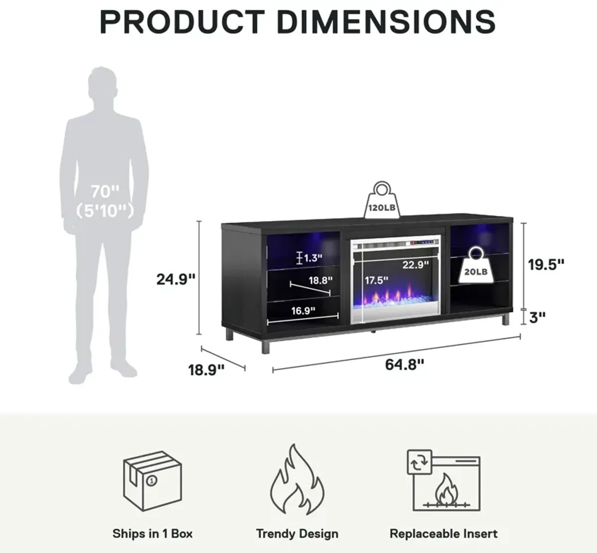 Lumina Fireplace TV Stand for TVs up to 70 Inch with 7 Color LED Lights