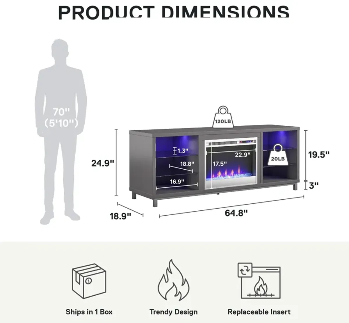 Lumina Fireplace TV Stand for TVs up to 70 Inch with 7 Color LED Lights