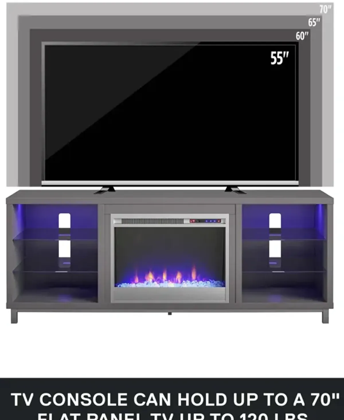 Lumina Fireplace TV Stand for TVs up to 70 Inch with 7 Color LED Lights