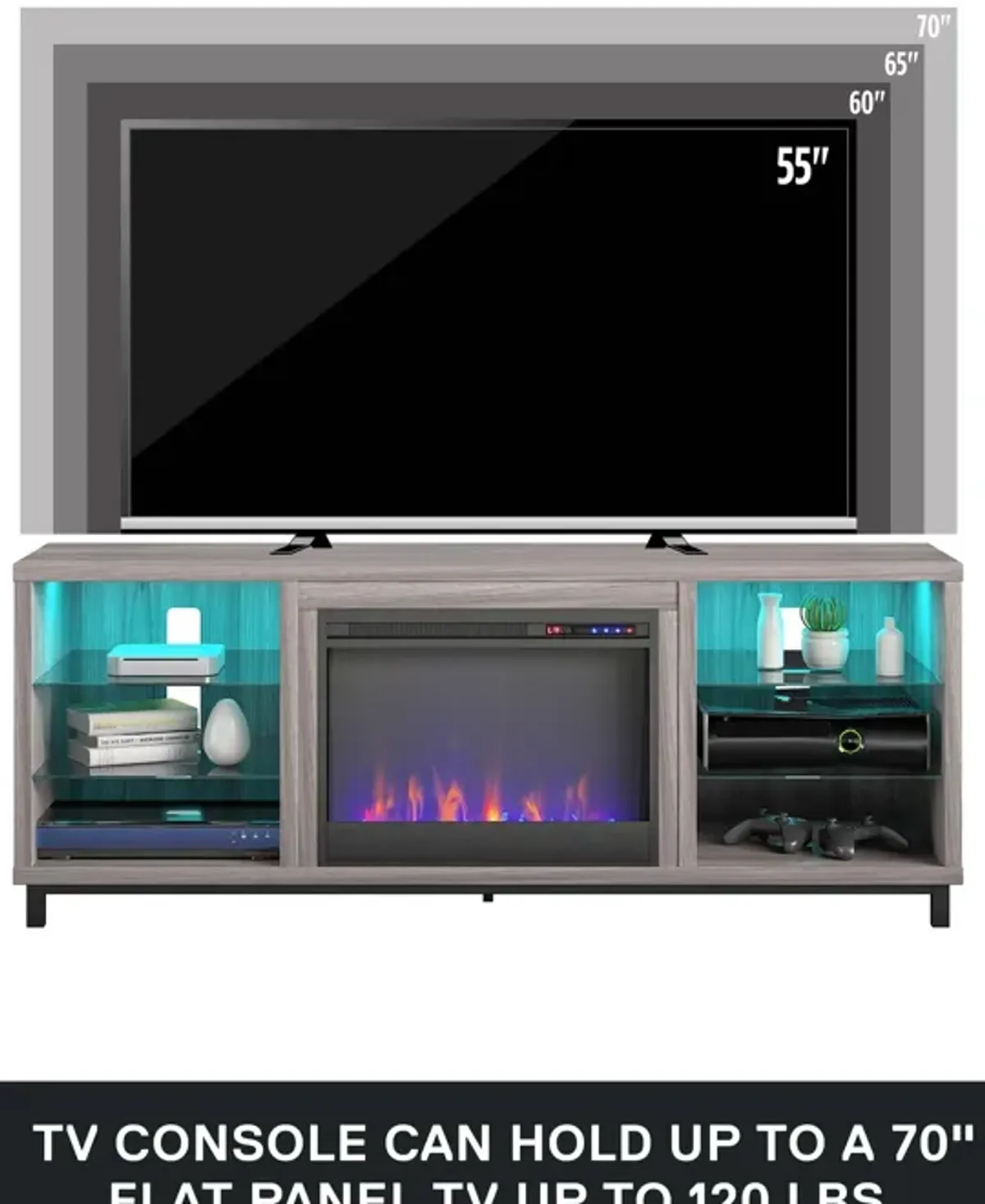 Lumina Fireplace TV Stand for TVs up to 70 Inch with 7 Color LED Lights