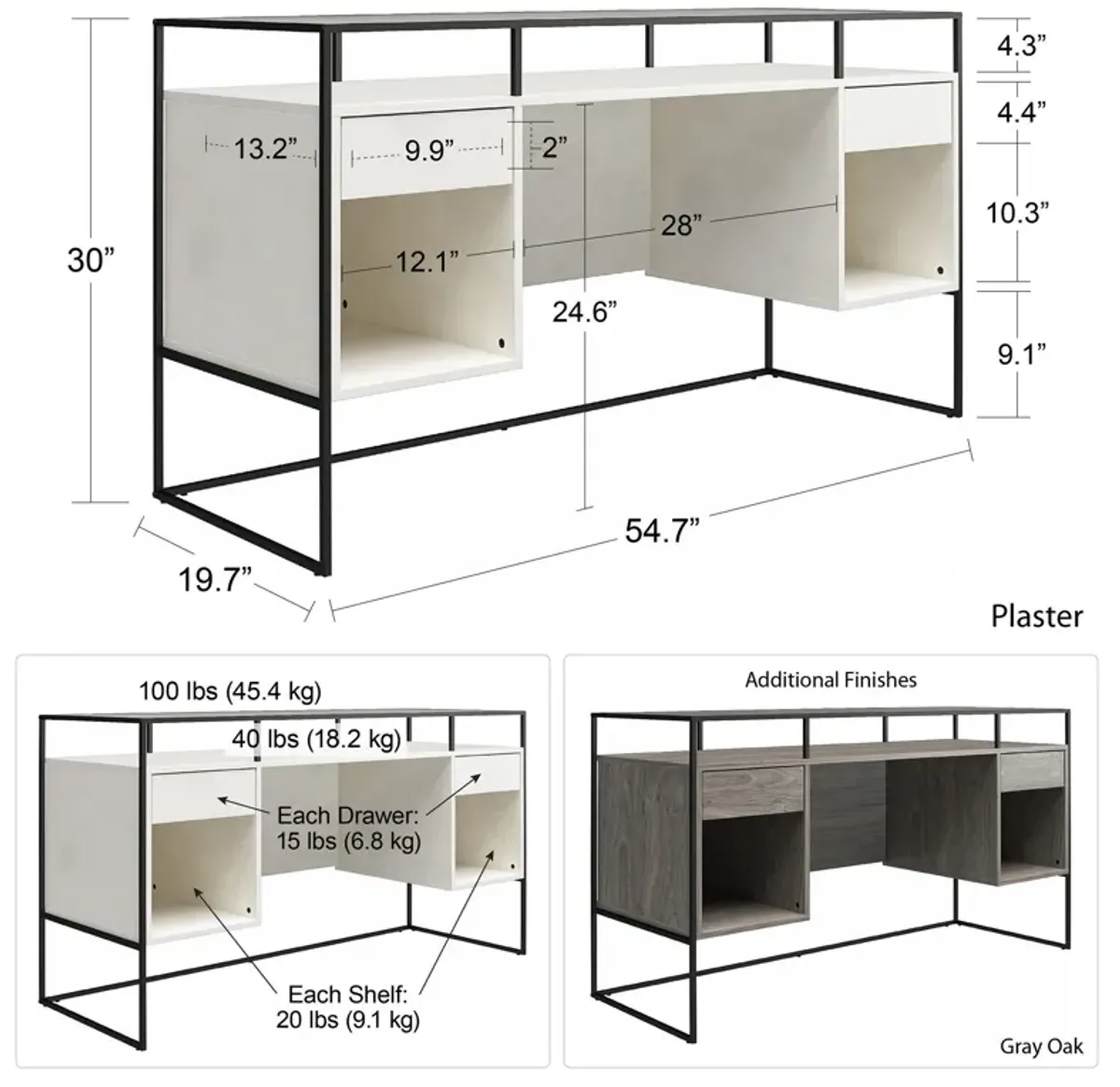 Camley Modern Desk with Fluted Glass Top, 2 Drawers and Storage