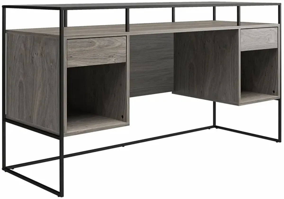 Camley Modern Desk with Fluted Glass Top, 2 Drawers and Storage