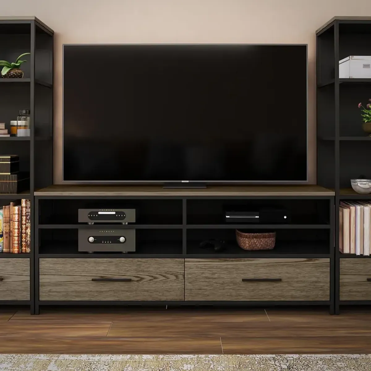 Structure Mixed Media TV Stand with 4 Shelves and 2 Drawers for TVs up to 60 Inches