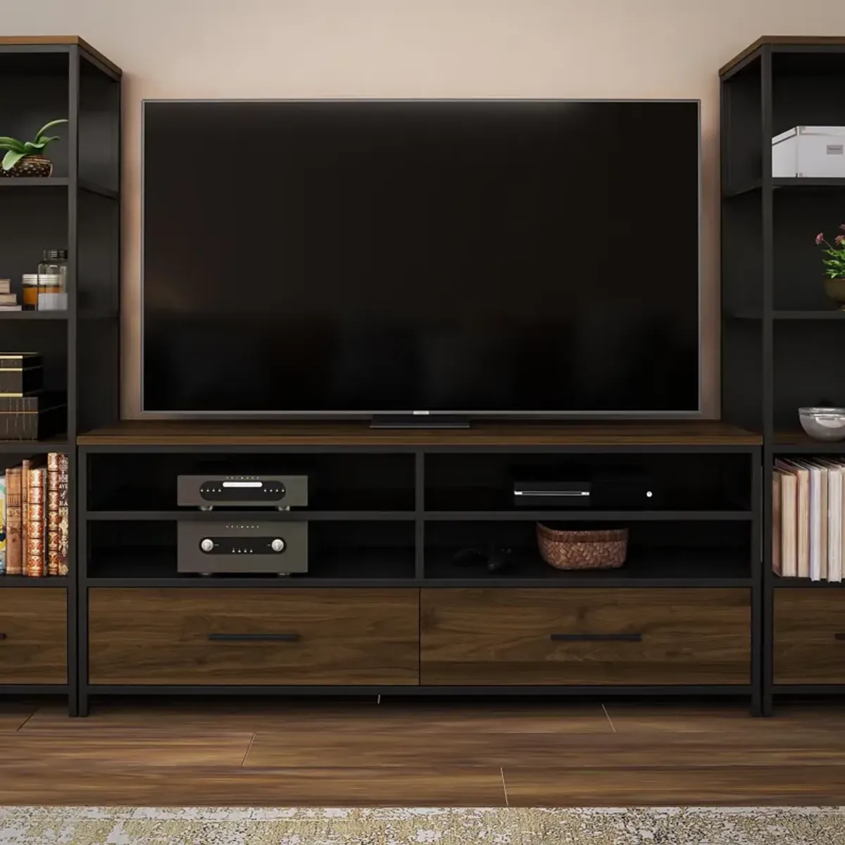 Structure Mixed Media TV Stand with 4 Shelves and 2 Drawers for TVs up to 60 Inches