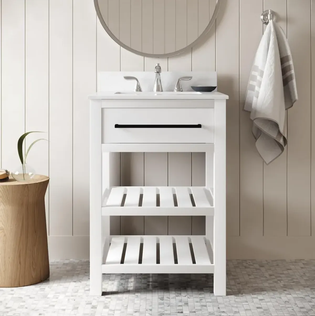 Camden Bathroom Vanity with Ceramic Sink and Metal Towel Rack