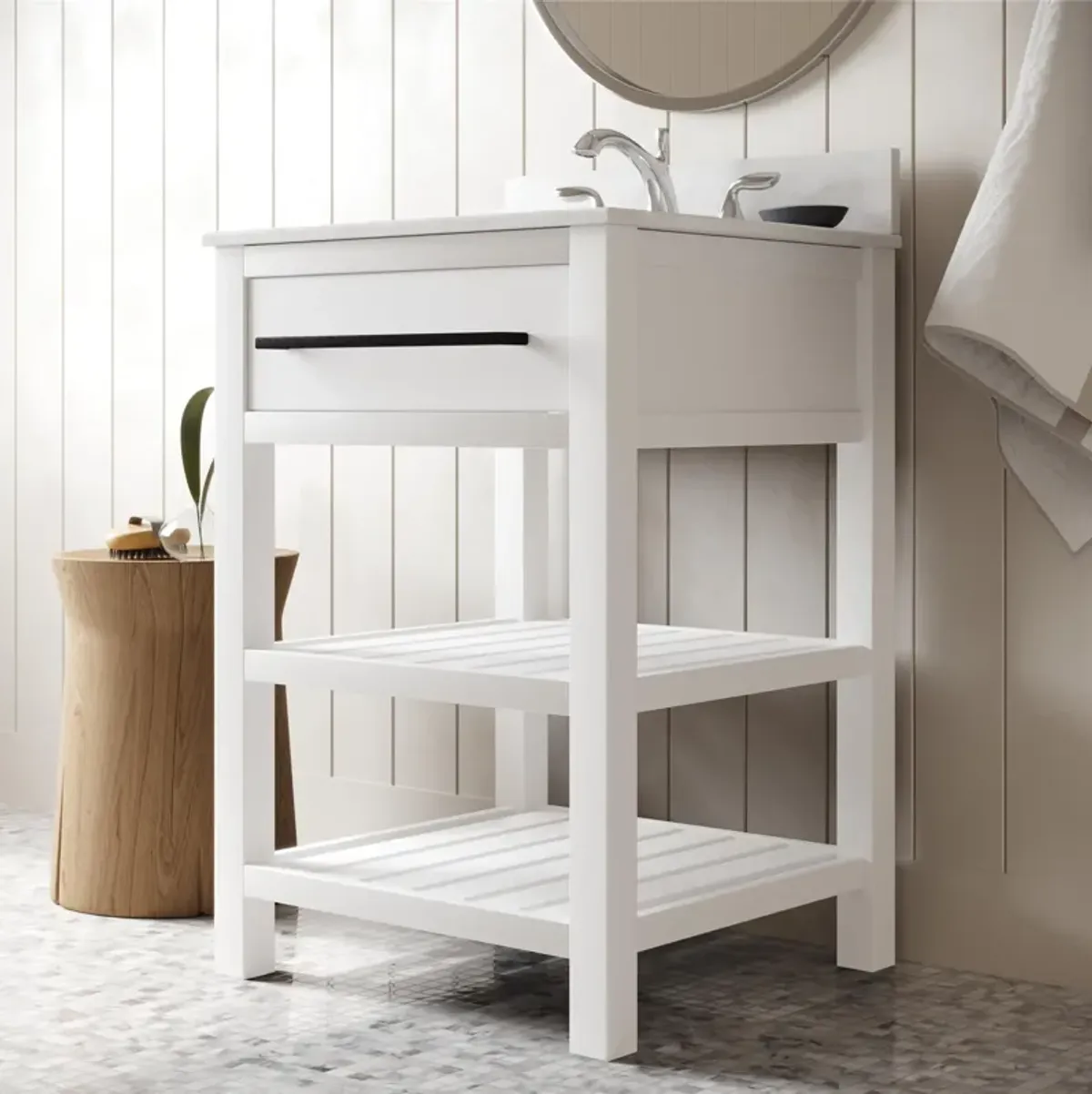 Camden Bathroom Vanity with Ceramic Sink and Metal Towel Rack