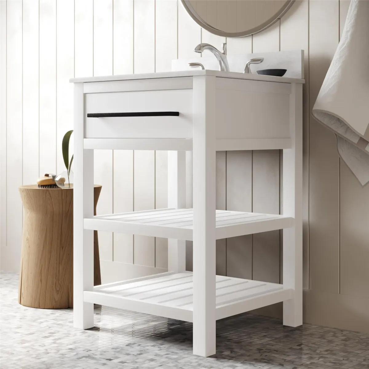 Camden Bathroom Vanity with Ceramic Sink and Metal Towel Rack