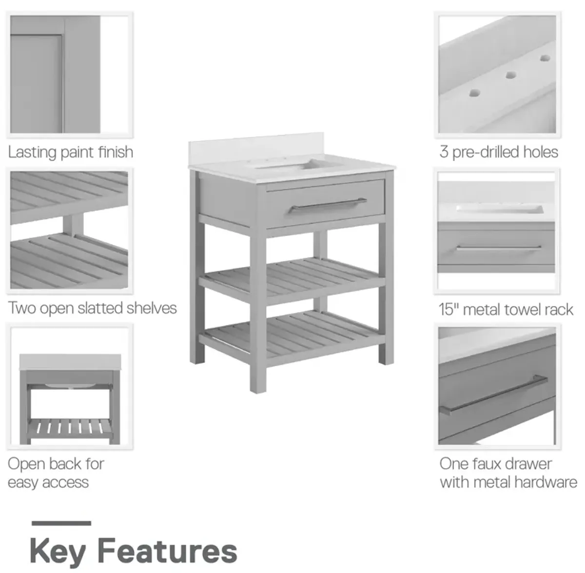 Camden Bathroom Vanity with Ceramic Sink and Metal Towel Rack