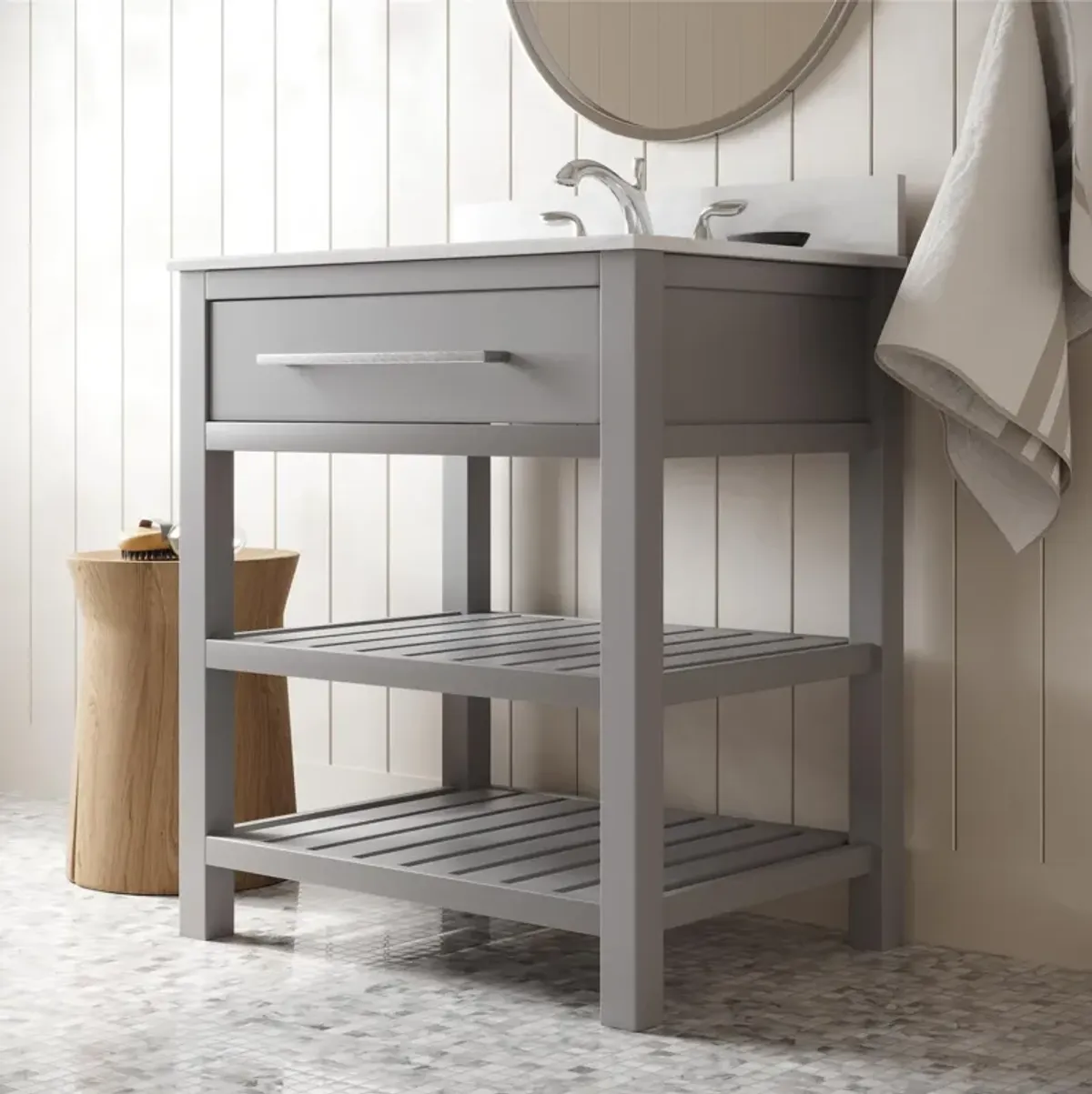 Camden Bathroom Vanity with Ceramic Sink and Metal Towel Rack