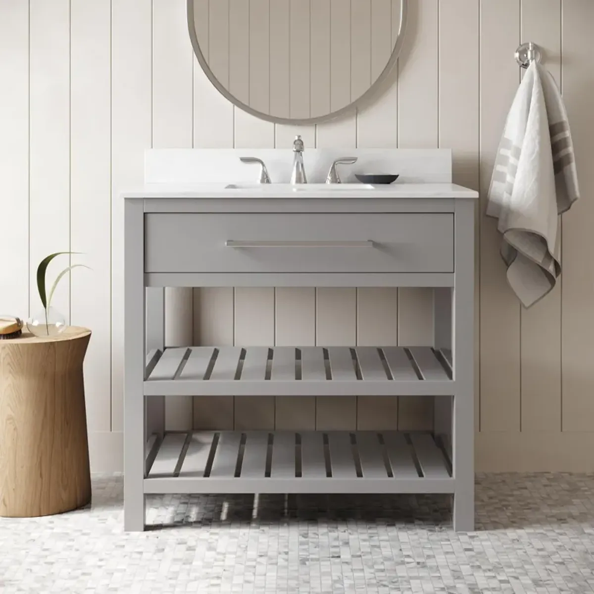 Camden Bathroom Vanity with Ceramic Sink and Metal Towel Rack