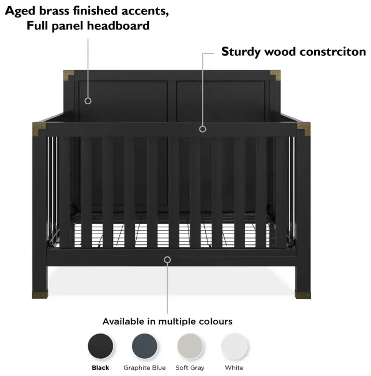 Miles 5 in 1 Convertible Crib with Brass Finished Accents