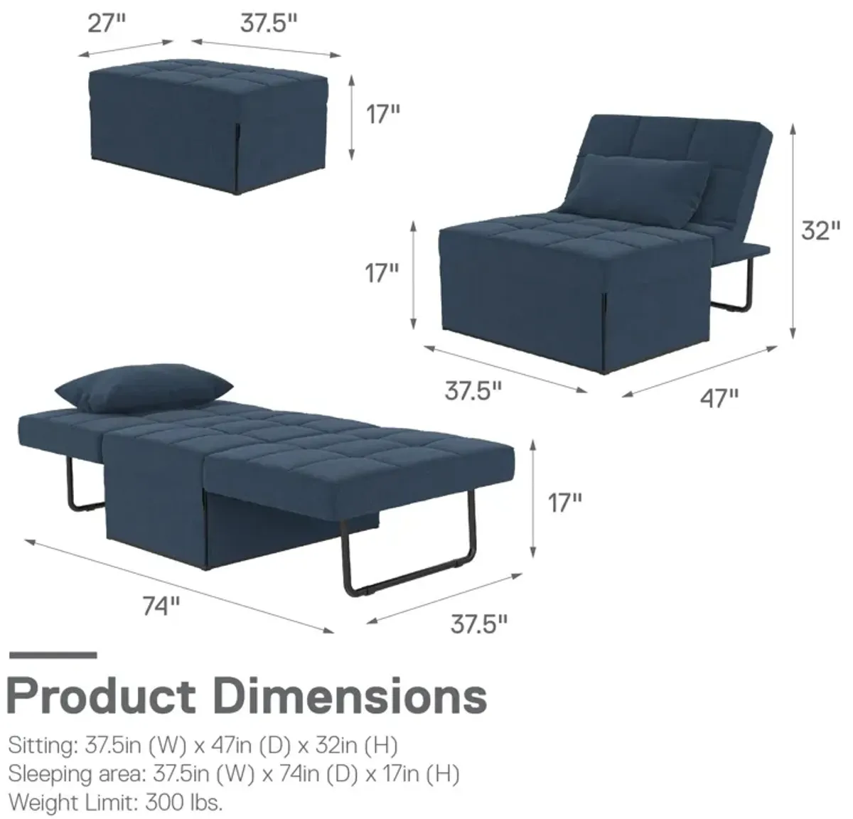 Convertible Lounger Ottoman Linen Sofa Chair with 4-in-1 Design