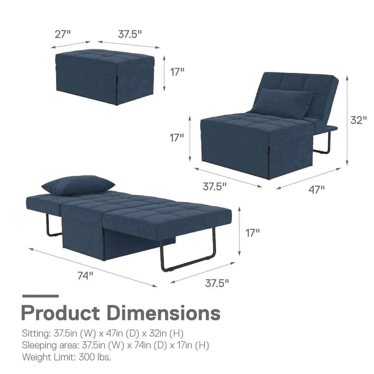 Convertible Lounger Ottoman Linen Sofa Chair with 4-in-1 Design