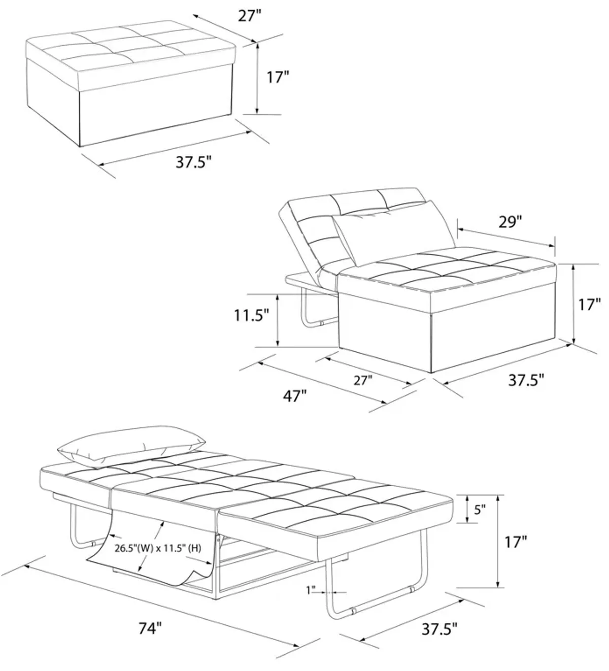 Convertible Lounger Ottoman Linen Sofa Chair with 4-in-1 Design