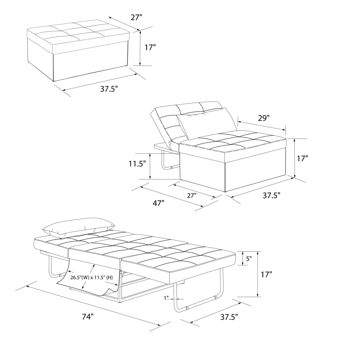 Convertible Lounger Ottoman Linen Sofa Chair with 4-in-1 Design