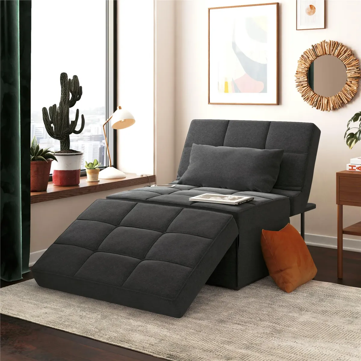 Convertible Lounger Ottoman Linen Sofa Chair with 4-in-1 Design