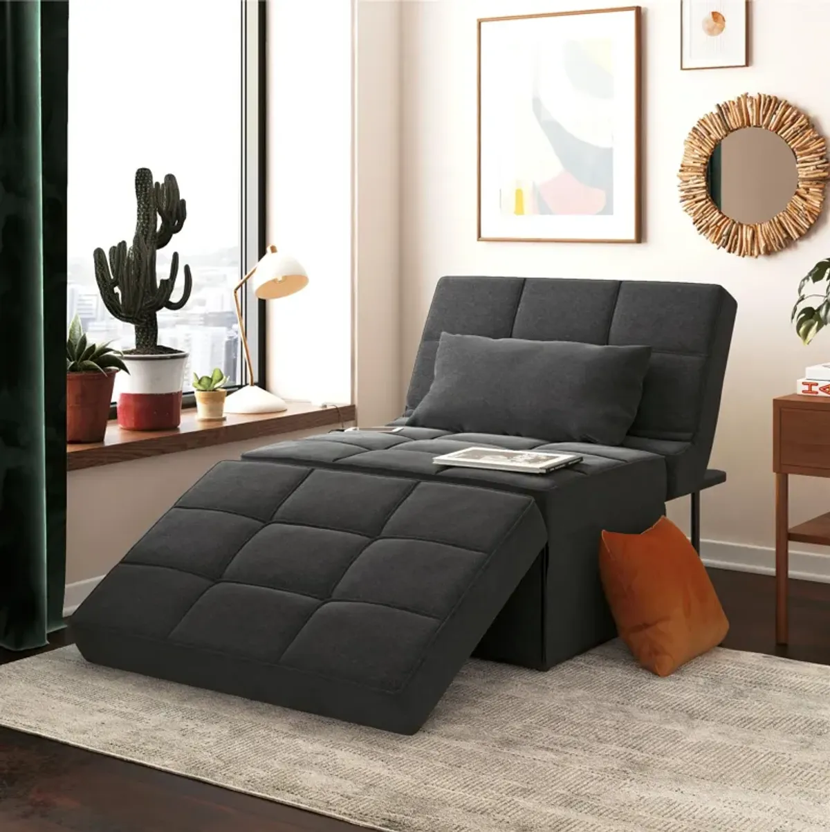 Convertible Lounger Ottoman Linen Sofa Chair with 4-in-1 Design