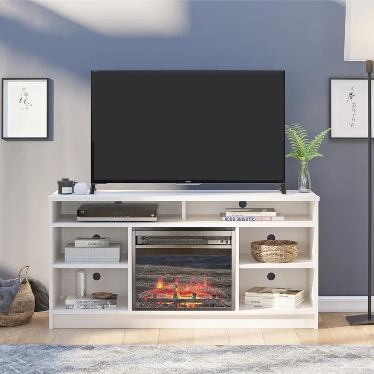 Hendrix 55 Inch TV Stand with Electric Fireplace Insert and 6 Shelves